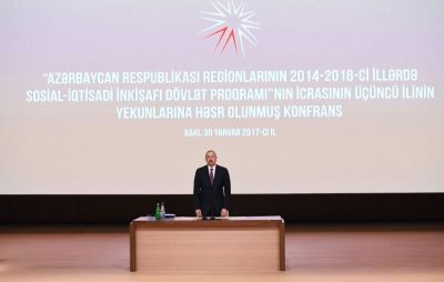 İlham Əliyev regionların 2014-2018-ci illərdə sosial-iqtisadi inkişafı Dövlət Proqramının icrasının yekunlarına həsr olunan konfransda iştirak edir